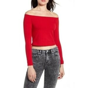 BP Off Shoulder Top Women Size XXS Red Long Sleeve Cropped Shirt Casual Festival